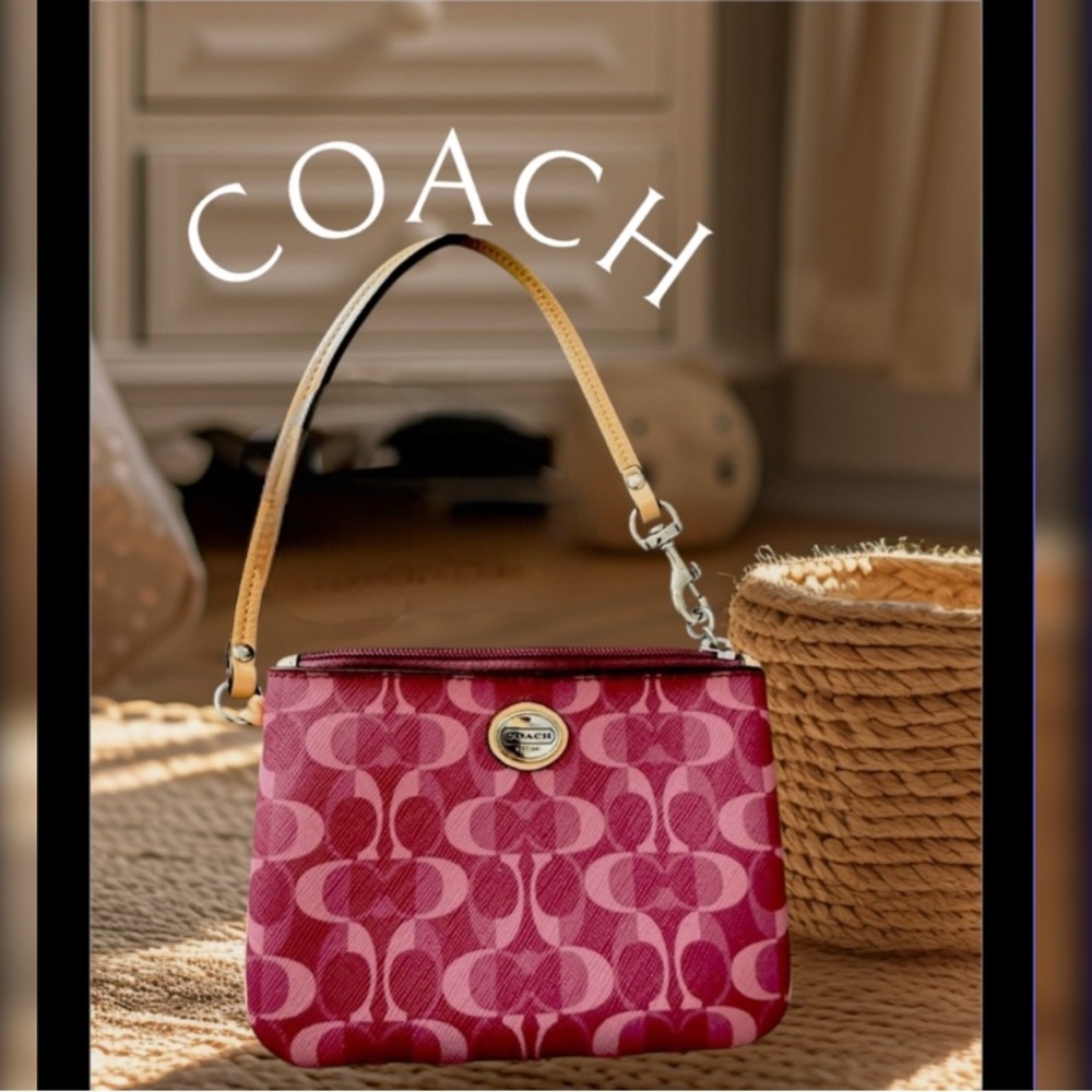 Coach Logo Wristlet Mini Bag, Maroon/Pink, Swivel-Snap Clip Card Holder Inside - Picture 8 of 12